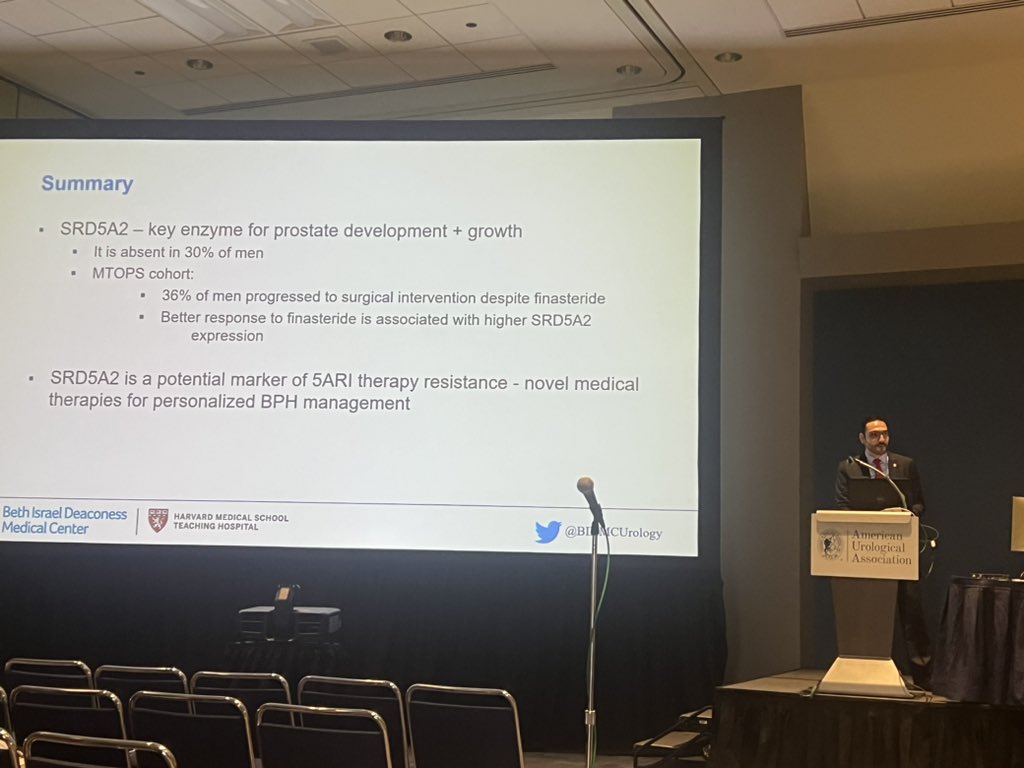 @BIDMCUrology postdoc @RFaouri discussing mechanisms of resistance and sensitivity to 5ARI therapies using samples from MTOPS at podium presentation @AmerUrological #AUA2023