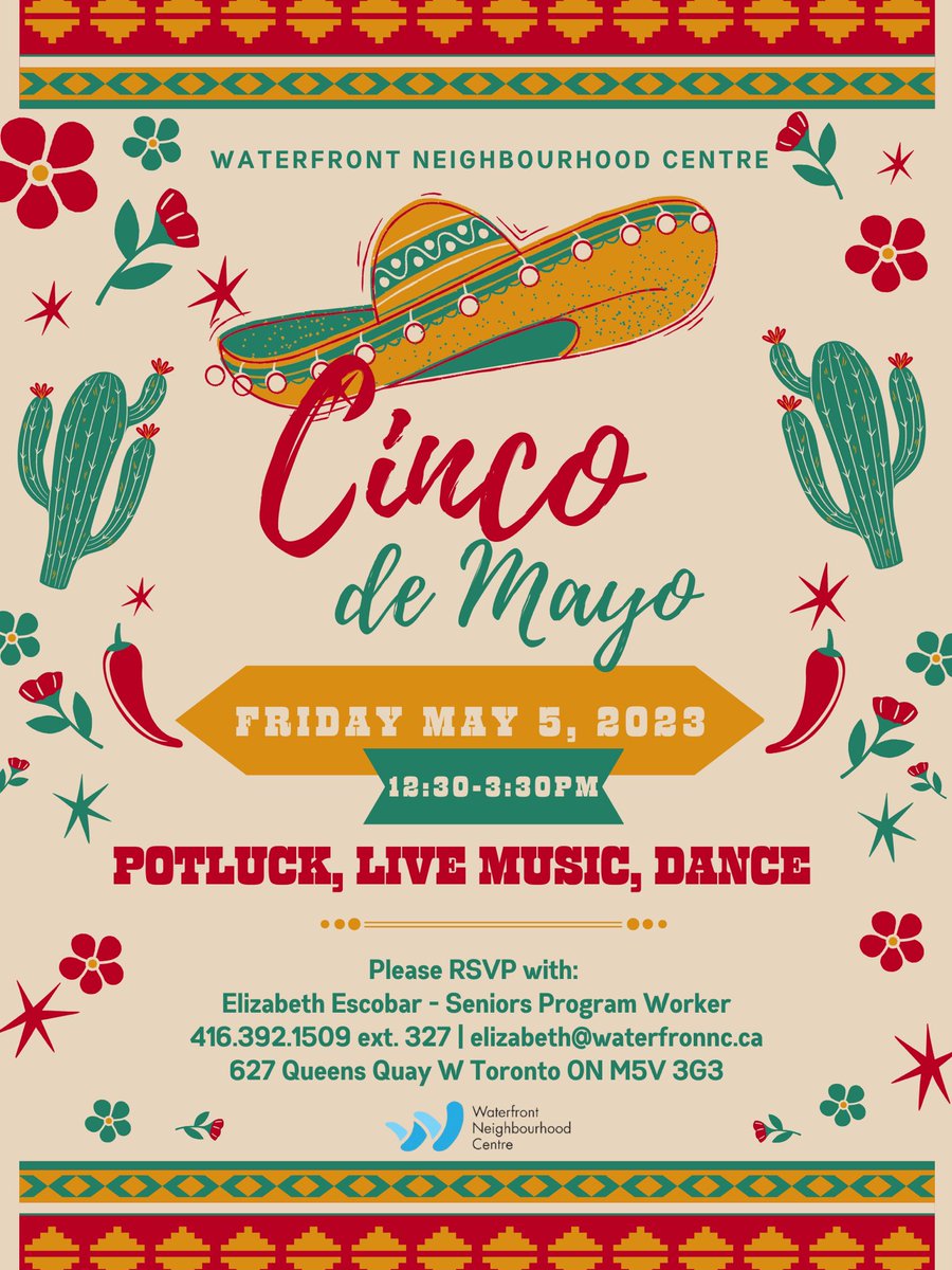 Waterfront Neighbourhood Centre (@waterfrontncto) on Twitter photo Join us on Friday, May 5th from
12:30 - 3:30 pm for Cinco de Mayo. π΅
There will be potluck, live music & dance. π
Please RSVP with Elizabeth at 416.392.1509 x 327 or elizabeth@waterfrontnc.ca π§π
Hope to see you there.
#WaterfrontncTO #cincodemayo #communitydevelopment Join us on Friday, May 5th from
12:30 - 3:30 pm for Cinco de Mayo. π΅
There will be potluck, live music & dance. π
Please RSVP with Elizabeth at 416.392.1509 x 327 or elizabeth@waterfrontnc.ca π§π
Hope to see you there.
#WaterfrontncTO #cincodemayo #communitydevelopment