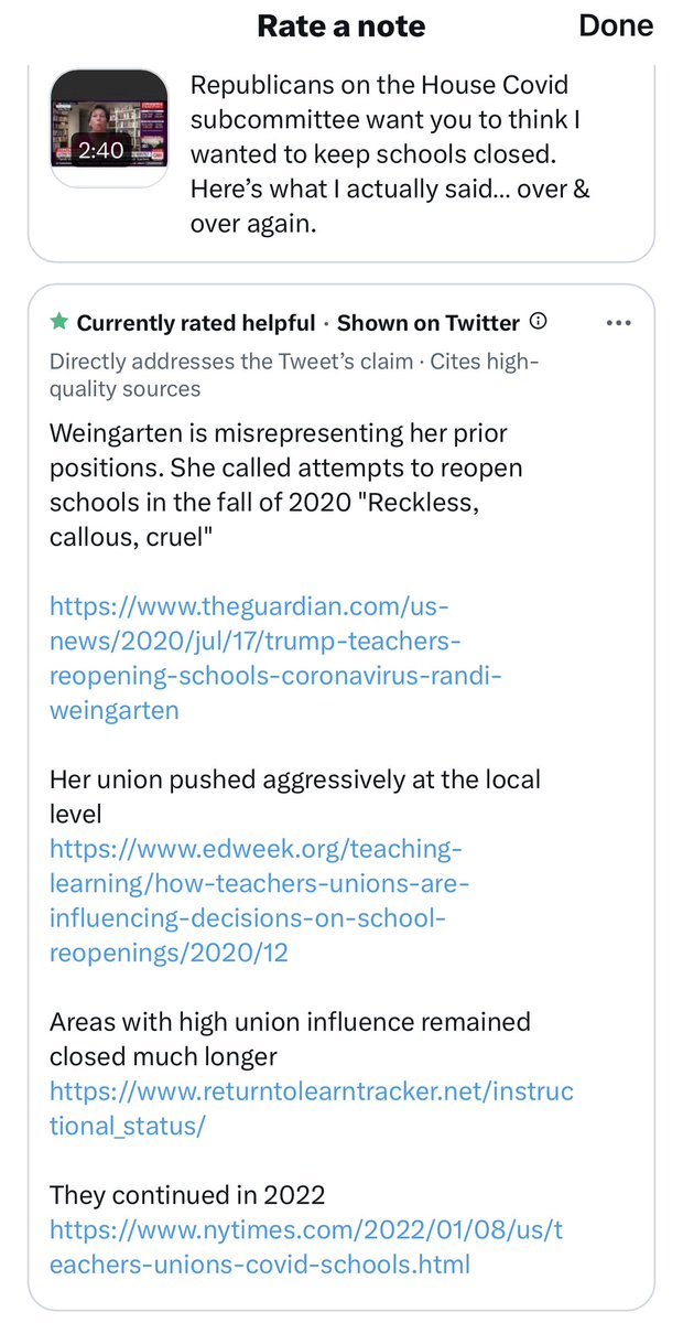 The notes from Twitter were helpful in exposing her lies:

Weingarten is misrepresenting her prior positions. She called attempts to reopen schools in the fall of 2020 "Reckless, callous, cruel"

theguardian.com/us-news/2020/j…
