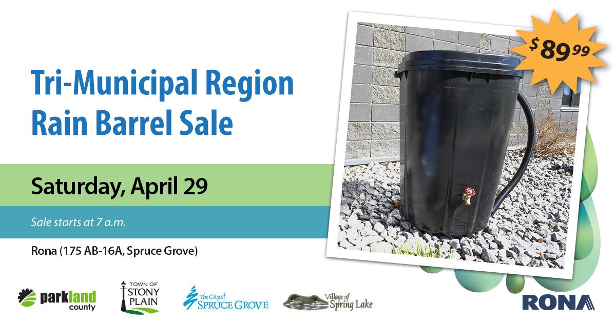 Plan to grab a rain barrel at #TriMuniRgn #RainBarrelSale this Saturday, April 29! Sale starts at 7am @ RONA Home Centre in #SpruceGrove (2/person, while quant. last) #StonyPlain #ParklandCounty #VillageofSpringLake sprucegrove.org/RainBarrelSale