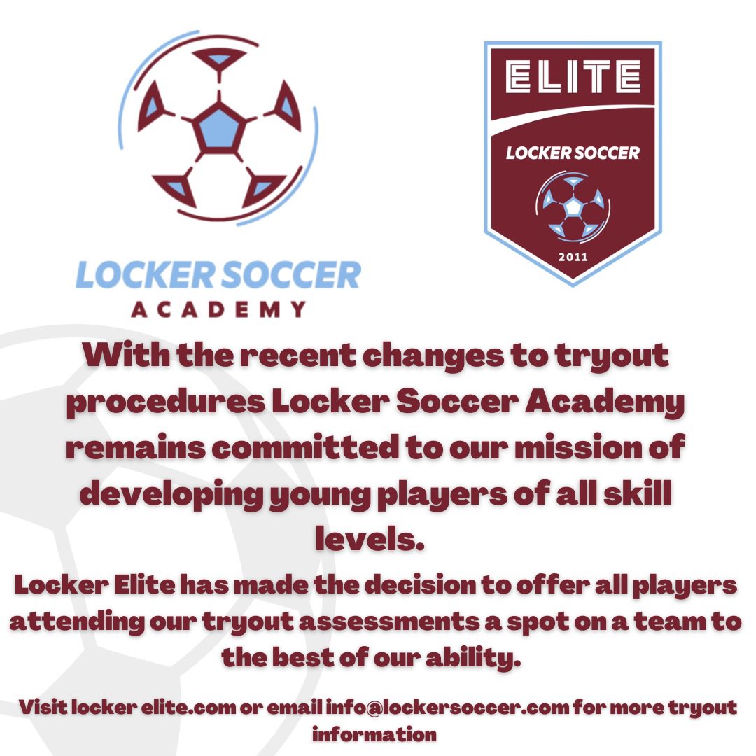 Tryout dates are May 22-24 and May 29-31.

u8-u10 5:30-7:00pm
u11+ 6:30-7:45pm
Library Park: 
420 Liberty Street
Powell, OH 

#ohiosoccer #clubsoccer #LockerSoccer #TheLockerSoccerDifference #soccer #youthsoccer #socceracademy