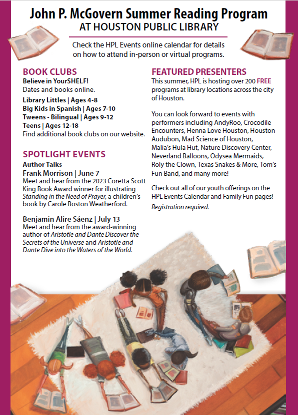 MaggieMoo86's tweet image. 📚🌞🎉 Exciting news, @SHMSTC! ☀️📖📚 The Public Library&apos;s summer reading programs are almost here! Don&apos;t miss out on all the fun activities and amazing reads. 🤩📚🌟 #SummerReading #HoustonLibrary #ReadersUnite 📚🌞🎉rb.gy/ndgow @HISDLibraryServ