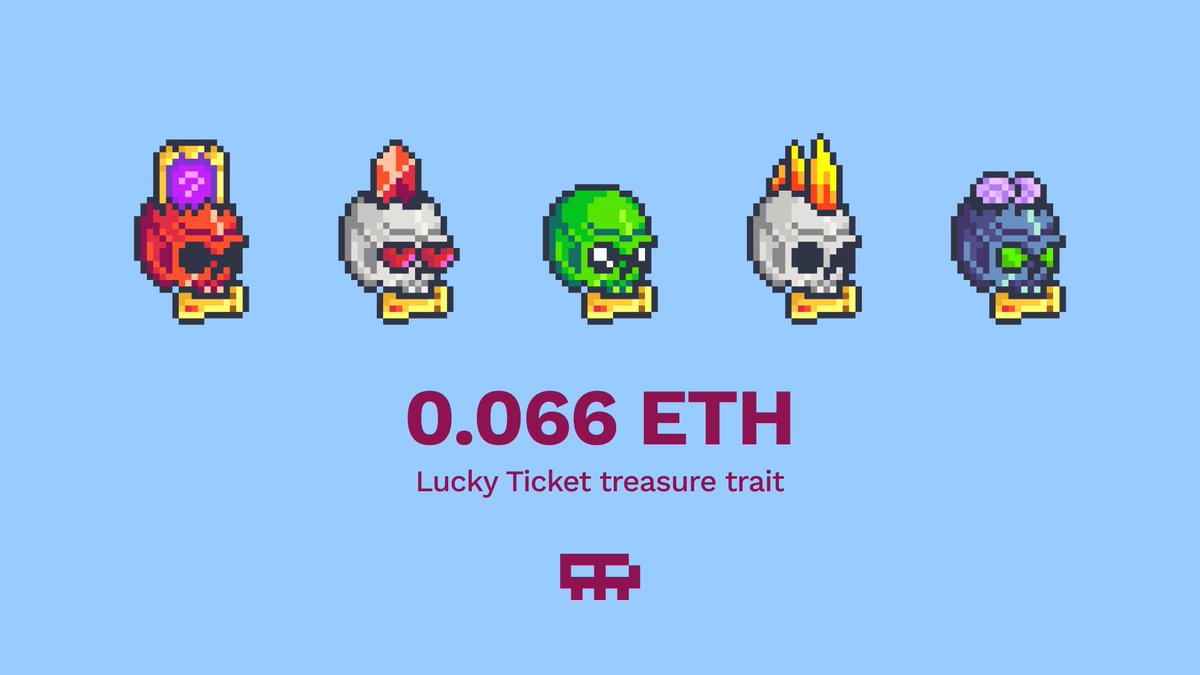 Representing the Lil Skulls' real treasure trait - Lucky Ticket! 🎟🪙
Every Skull with this trait will give you a 0,066 ETH reward after the reveal! 🏆
60 Tickets in total 💀

Join our flash-raffle for 60 WLs to be given in 3 days: premint.xyz/lil-skulls-luc…