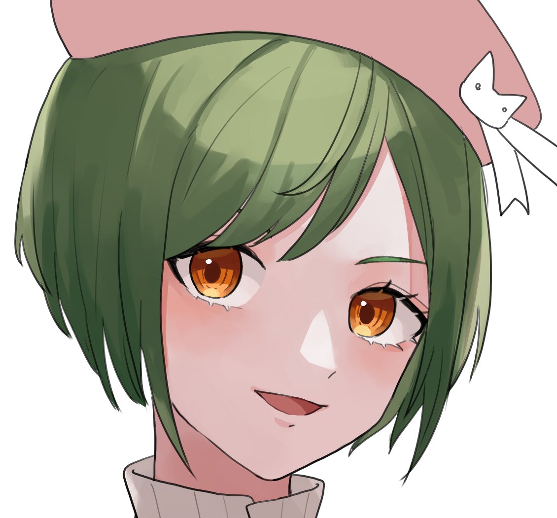 green hair hat solo smile white background beret 1girl  illustration images
