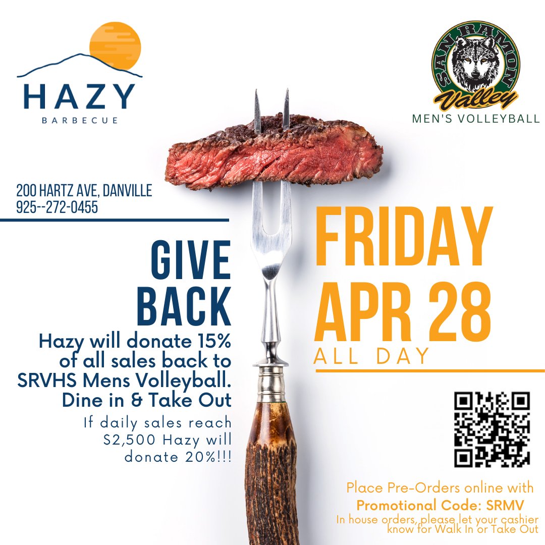 Support SRV Mens Golf by ordering from Hazy BBQ Today, Friday, April 28, all day! Hazy will give donate 15% of all sales back to SRVHS Mens Volleyball, Dine in and Take Out.
