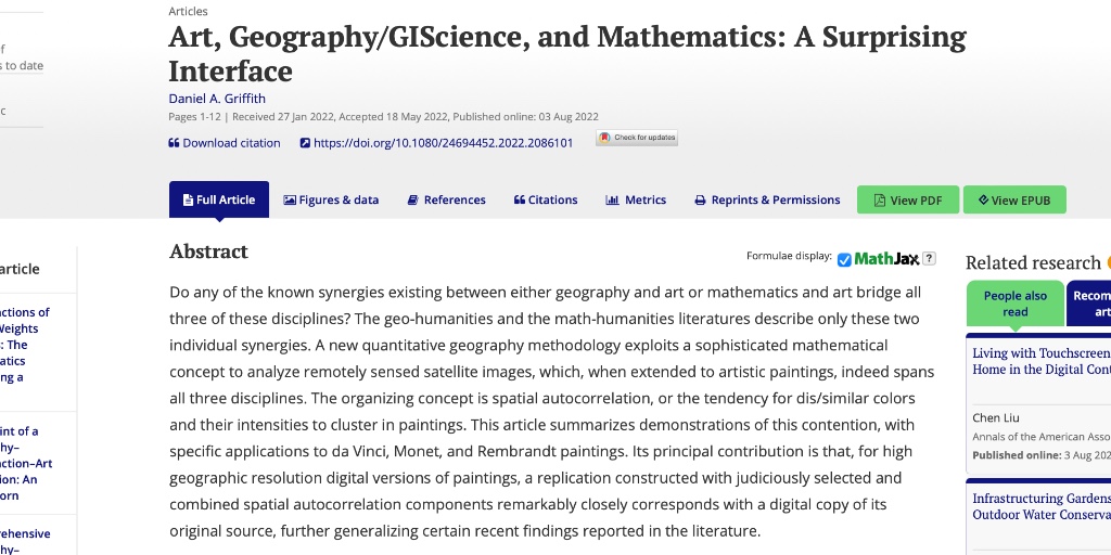 theAAG's tweet photo. Are the synergies between geohumanities or math-humanities able to bridge all three disciplines? Griffith explores this question 🎨 https://t.co/BoGAgpZxuG https://t.co/PVI6vB2xDm