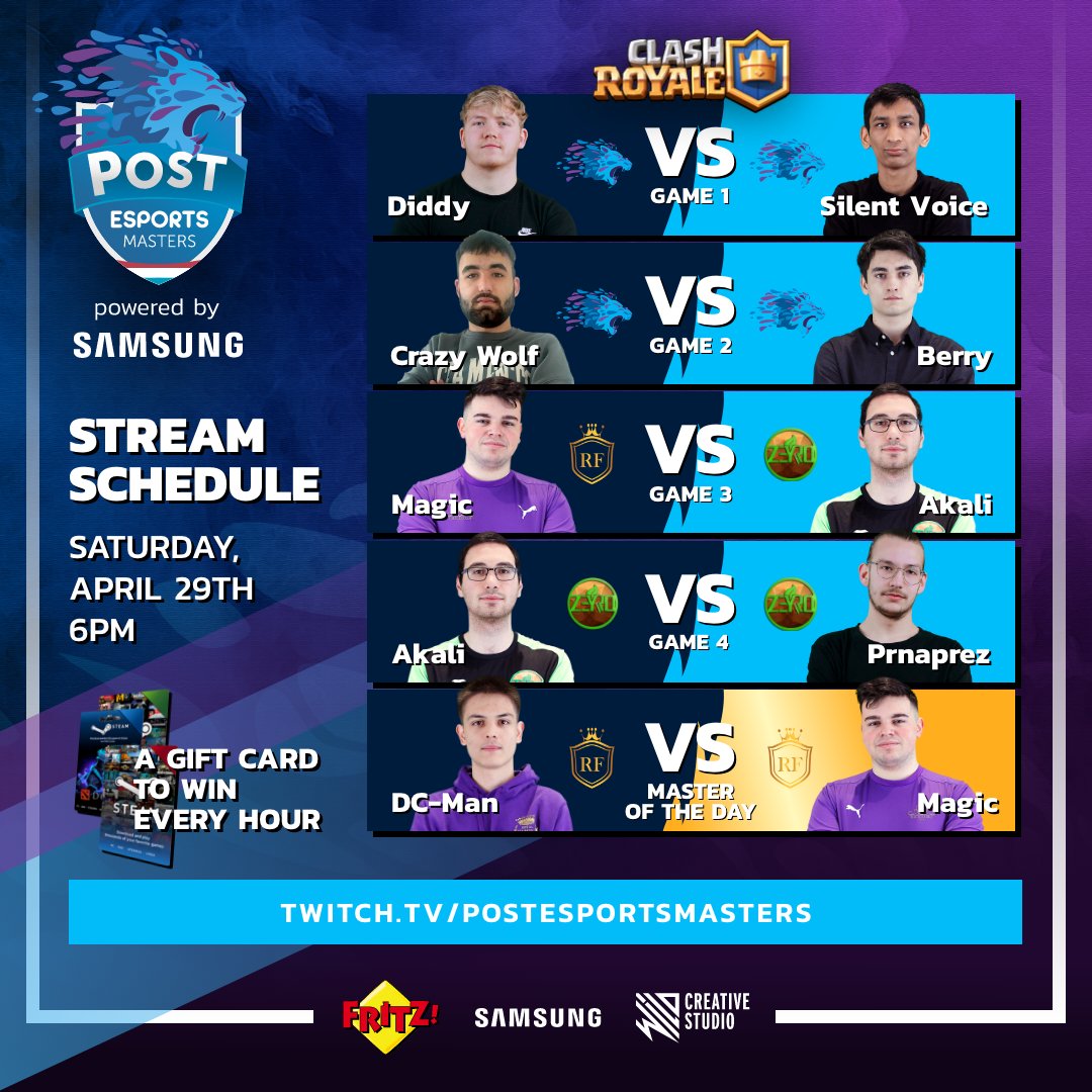 popgamingfest's tweet photo. See you tomorrow at 6pm on #Twitch for the fight #ClashRoyale 👑

⚡️ @Op_Diddy vs @silentvoicebtw
⚡️ @CrazyWolf53 vs @berryjamoin
⚡️ @MagicStaysGod vs @Akali_Cr
⚡️ @Akali_Cr vs #Prnaprez
🆚 MOTD - @DC_MAN689 vs @MagicStaysGod

🎁 x3 Steam Cards to win!
🔴 https://t.co/mLpJM6oFIo https://t.co/zUOafTIh4E
