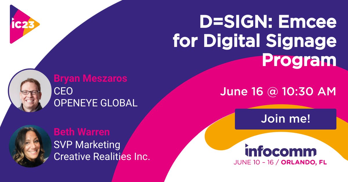 openeyeglobal's tweet image. RUMOR CONFIRMED!! The #Emcees of the D=SIGN program during @InfoComm will be our CEO @bryanmeszaros  &amp;amp; the brilliant Beth Warren from @CRIExperiences. We understand they are working on an opening #song &amp;amp; #dance routine followed by a lineup of excellent speakers! #DigitalSignage