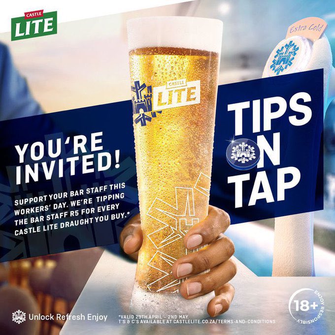 #CastleLite is making sure everyone is set from the 27th of April to the 1st of May. For every 500ml of Castle Lite draught bought, the bartender is tipped R5. What a great way to say “thank you”🔥 #TipsOnTap