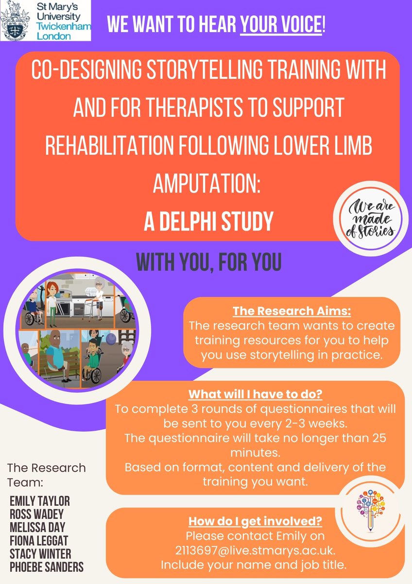 Are you a Physiotherapist that works in Lower Limb Amputee Rehabilitation? 🫵 If so, we would love for you to be part of our study looking at co-designing training resources to aid with you using storytelling in practice📝 Please do get in touch if you have any questions!