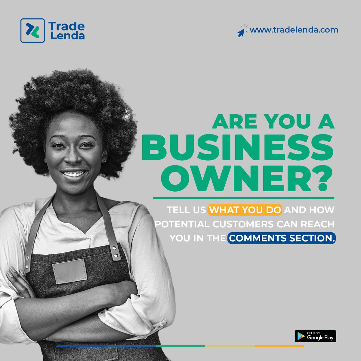 Are you a small business owner, our comment section is yours to advertise!

As you take advantage, don't forget to visit us to grow your business.

#tradelenda #fintech #finance #digitalbank #msme #sme #EasyLoans #FinancialAssistance #ApplyNow #smallbusinessowner #advert #ads