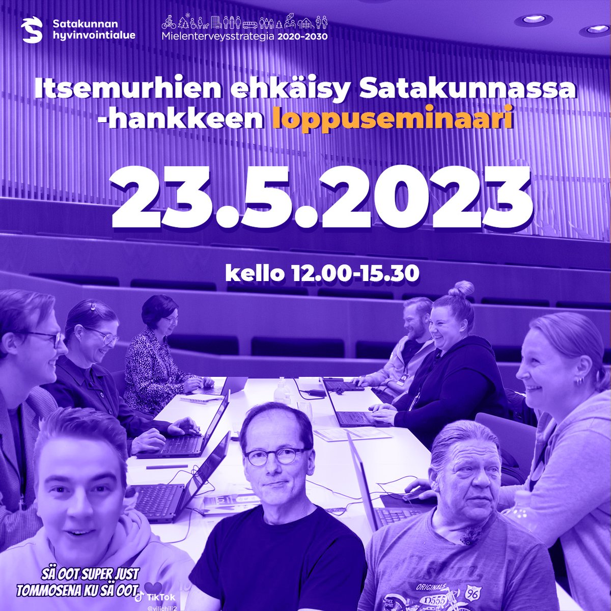 Tervetuloa Itsemurhien ehkäisy Satakunnassa -hankkeen loppuseminaariin kuulemaan ja keskustelemaan itsemurhia ehkäisevistä toimenpiteistä ja mielenterveystyön kehittämisestä Satakunnan hyvinvointialueella.

Ilmoittautuminen: bit.ly/3NoBSX9

#mielenterveysstrategia