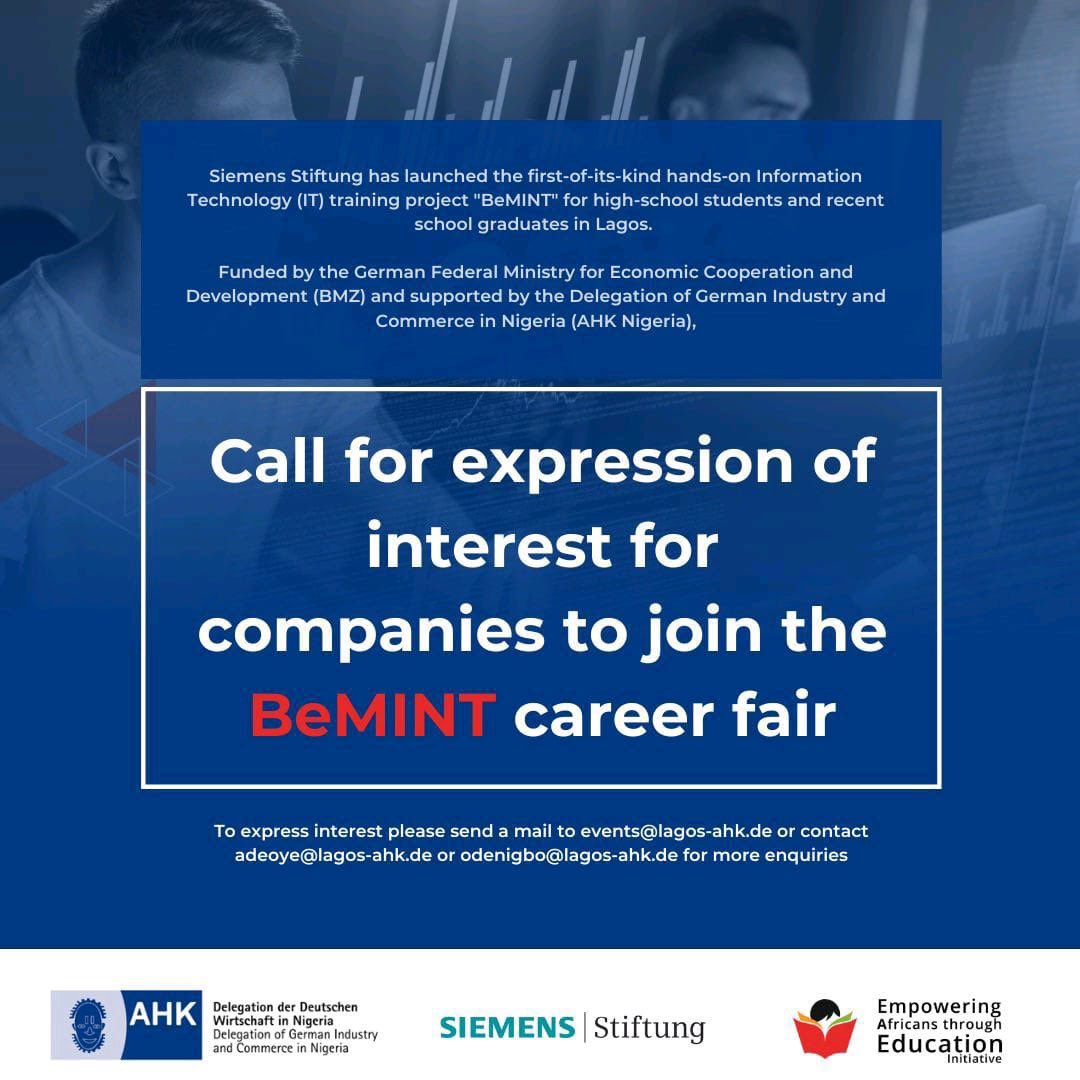 This is to specially invite you to our career fair, where we will be introducing our trained batches into the labour market &amp; allow our partner companies to benefit from our #bemint program by selecting trained interns to work in their organization for a month at no cost to them.