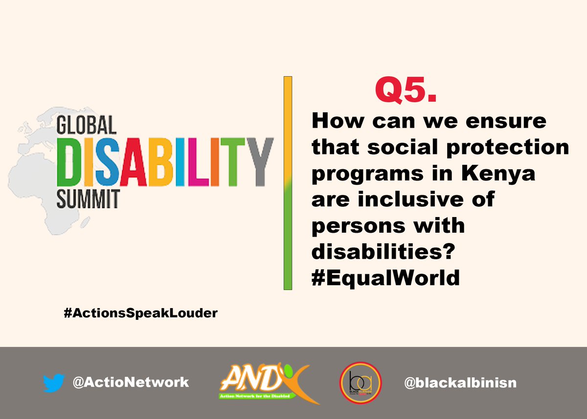 Q5. How can we ensure that social protection programs in Kenya are inclusive of persons with disabilities? #EqualWorld #ActionsSpeakLouder
#DisabilityTwitter #DisabilityRights
<a href="/DTSK21/">DIFFERENTLY TALENTED SOCIETY OF KENYA</a> <a href="/CDPOKConsortium/">CDPOK-Consortium of Disabled Persons Organizations</a> <a href="/UDPKenya/">UDPK</a>