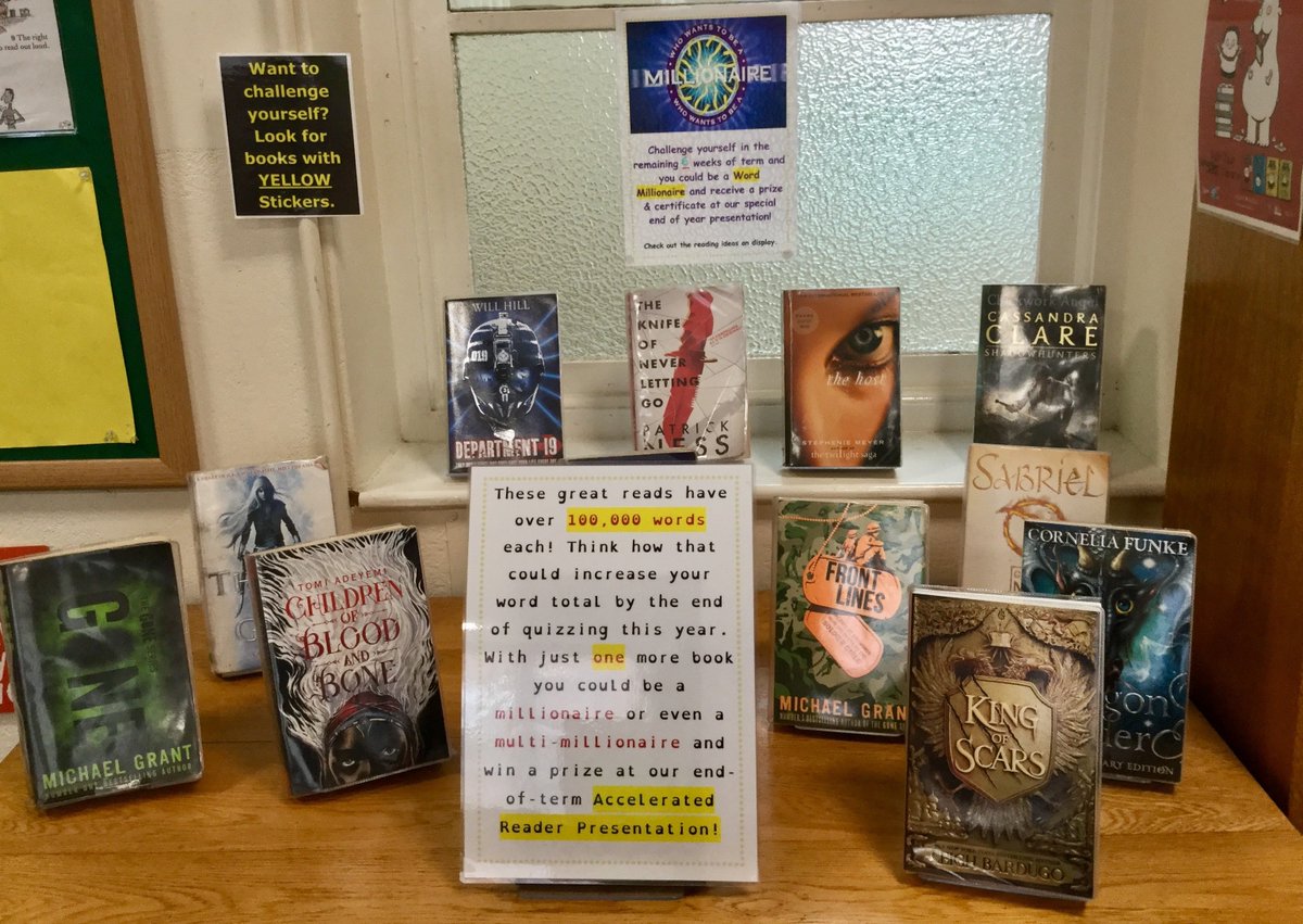 SullivanUpp_Lib's tweet photo. Just 6 more weeks of @AccReader quizzing to go & some great ideas for #reading on display❤️📚Pupil librarians' #authorfocus on @BerlieDoherty & @tompalmerauthor🤩#CarnegieWinners & titles with 100,000+ words aiding attempts to become #wordmillionaires🥳#lovereading #keepquizzing https://t.co/RKYvSsGy76