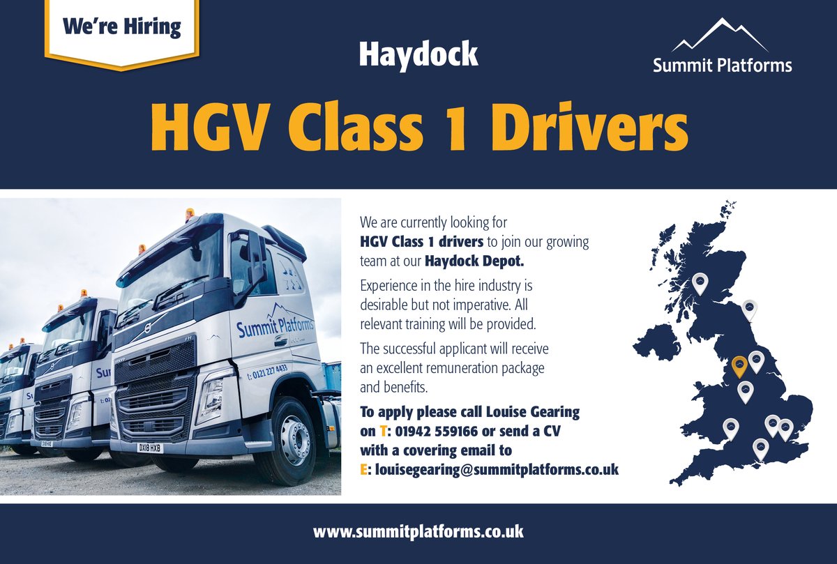 📣 We're recruiting for Class 1 drivers to join our Haydock team.  

For details and how to apply, visit: summitplatforms.co.uk/work-for-summit

#drivingjobs #hgvjobs #hgvdriver #jobsearch #vacancies #hiringnow #recruiting #haydockjobs #northwestjobs #poweredaccess