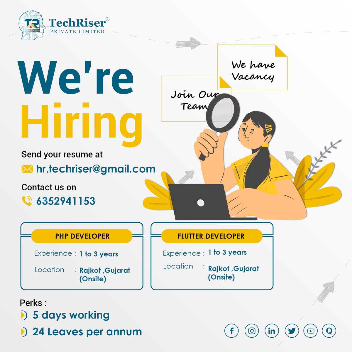 Hiring PHP and Flutter developer - Join our team and build amazing web and mobile apps. Apply now!

#techriserpvtltd #5dayweek #24leaves #PHPdeveloper #Flutterdeveloper #webdevelopment #mobileappdevelopment #hiring #jobopening #techjobs #joinourteam #applynow