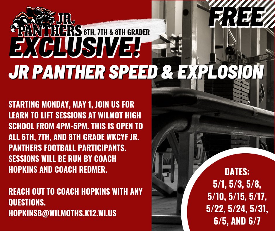 Calling all 6th-8th grade Jr Panthers. Exclusive opportunity for you to work with our HS coaches and learn to lift.