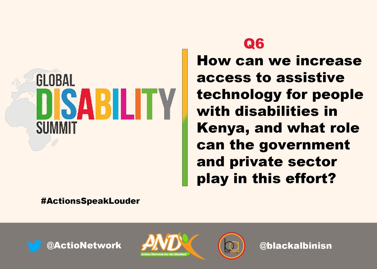 Q6 How can we increase access to assistive technology for people with disabilities in Kenya, and what role can the government and private sector play in this effort? #EqualWorld #ActionsSpeakLouder
#DisabilityTwitter #DisabilityRights
<a href="/DTSK21/">DIFFERENTLY TALENTED SOCIETY OF KENYA</a> <a href="/CDPOKConsortium/">CDPOK-Consortium of Disabled Persons Organizations</a> <a href="/UDPKenya/">UDPK</a>
