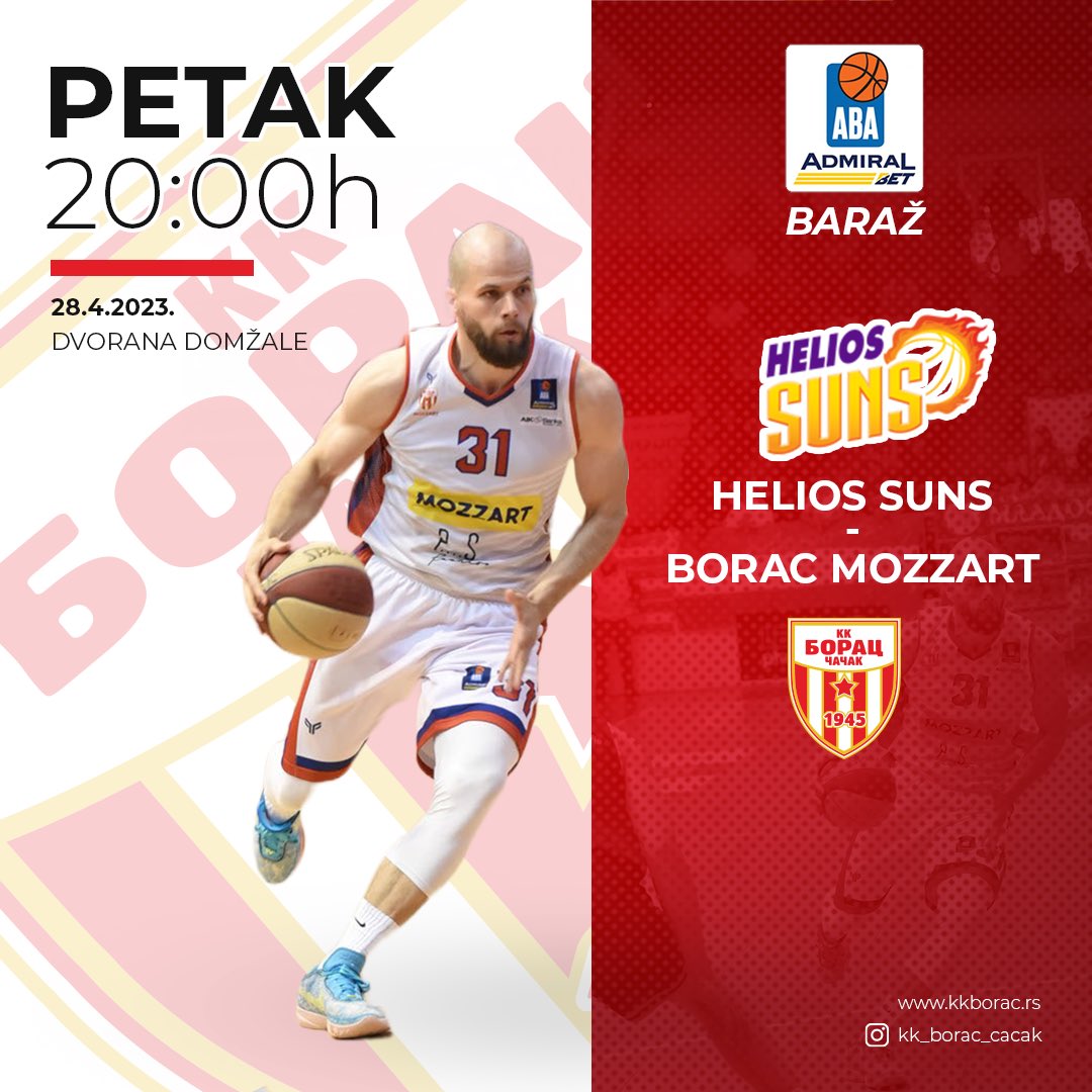 Večeras od 20h drugi meč u Domžalama, i prilika da naša ekipa završi posao i overe ostanak u AdmiralBet <a href="/ABA_League/">AdmiralBet ABA League</a> . Svi smo mi Borac! #kkboraccacak #boraccacak #kkborac