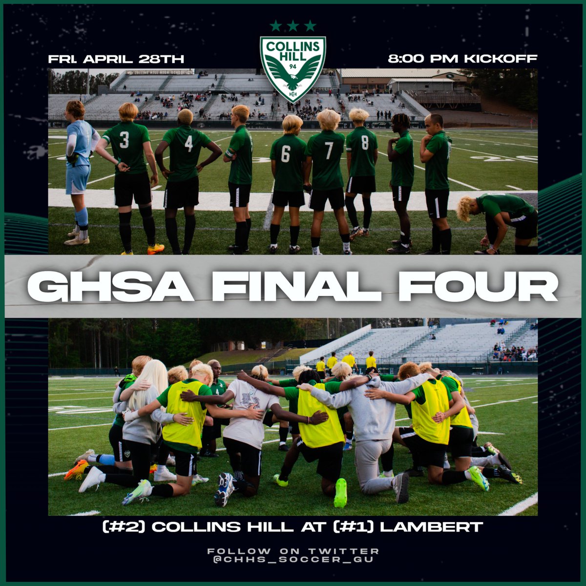 CHHS_Soccer's tweet photo. We've grown from every match to now and it's time to take pride in yet another! Our #2 boys travel to #1 Lambert tonight to earn a spot in the State Championship #GoEagles 🦅💚⚽️💪

🎟️: https://t.co/RXyJpths8r https://t.co/IJNlsF1wEY