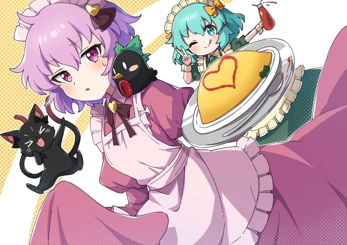 kaenbyou rin ,komeiji koishi ,komeiji satori ,reiuji utsuho multiple girls maid headdress omurice alternate costume 2girls one eye closed omelet  illustration images