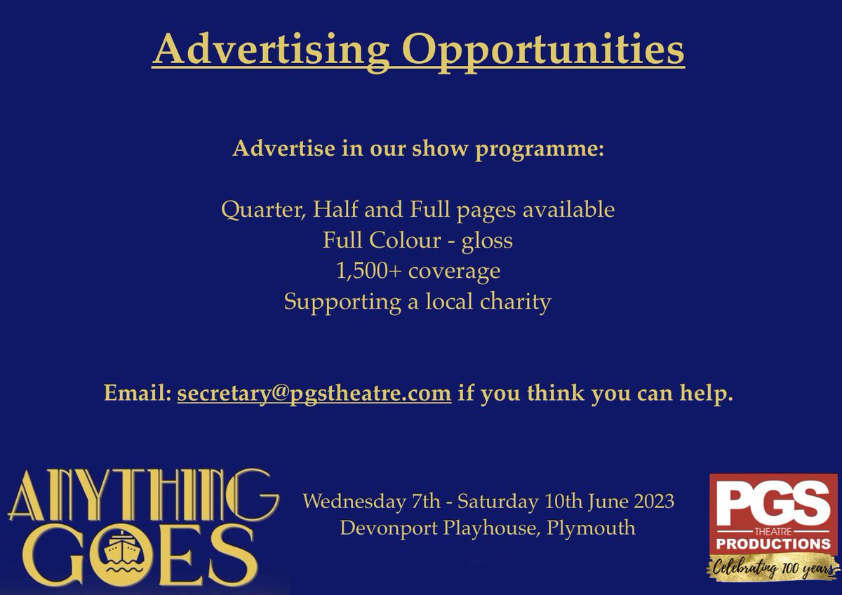 We are looking for local businesses who could support us by placing an advert in our show programme. Please drop us an email if you can assist. Thank you in advance 👍🏻 #Plymouth #devon #advertisingopportunities #charity