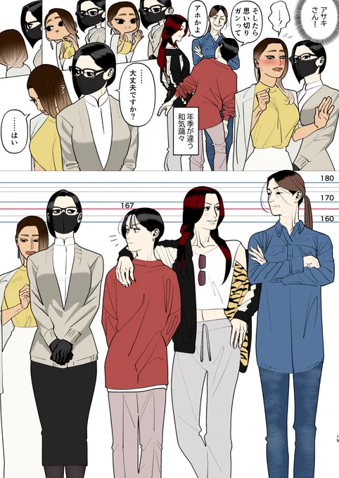 平均より高い方のアサキより背が高い女性キャラとついでにアサキより少し低い美李子 靴なしかかと合わせ
