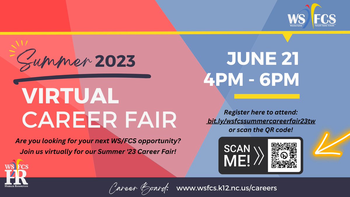 Mark your calendars for our Summer '23 Virtual Career Fair! Join us on June 21st from 4pm-6pm to find your next WS/FCS opportunity! Register and upload your resume here: bit.ly/wsfcssummercar… #hiringevent #nowhiring #careerfair #careeropportunities