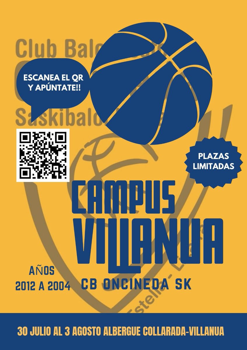 El CB Oncineda SK se enorgullece de presentar su Primer campus con pernocta fuera de Estella. Será en la localidad oscense de Villanua y se celebrará entre el 30 de Julio y el 3 de Agosto. 
Nacidos entre el 2014 y el 2004.
Escanea el QR !
#elmejorcampus
#oncineda