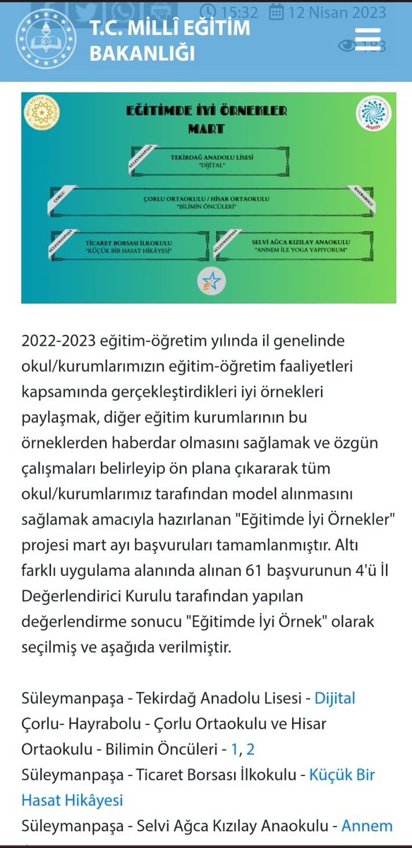 Bilimin öncüleri projemiz Eğitimde iyi örnekler Mart ayı projesi seçilmiştir.  Öğretmenimiz Hülya Söyleyici ve öğrencilerimizi tebrik ediyoruz <a href="/CorluMem/">Çorlu Milli Eğitim Müdürlüğü</a> <a href="/tekirdagmem/">Tekirdağ İl Millî Eğitim Müdürlüğü</a>