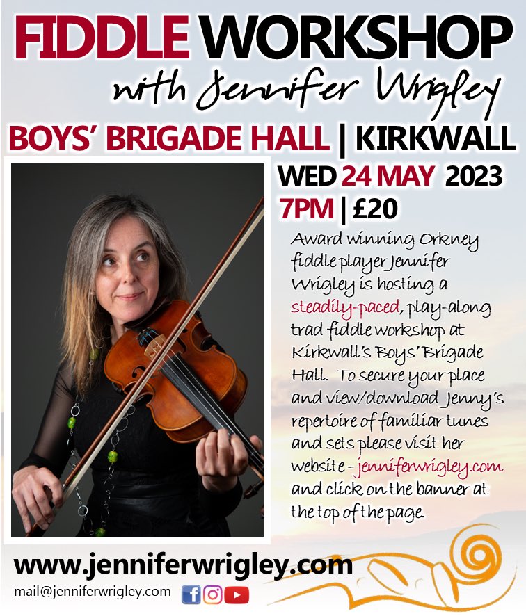 I’m very excited to announce another in person live play along session/workshop in Orkney on Wednesday 24th May at 7pm to 9pm. All instruments welcome for this fun event. Hope to see lots of you there! Jenny 🙂 🎻 🪗 🎶 ❤️ Book your place now at jenniferwrigley.com