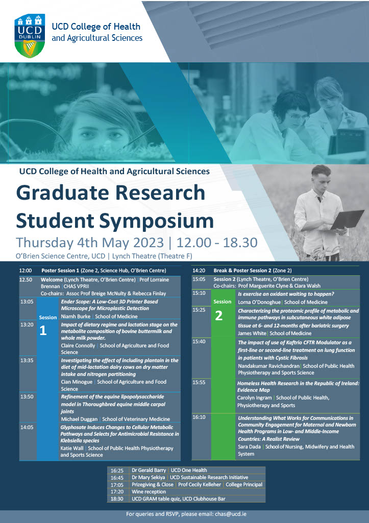 Just under a week to go until the @UCD_CHAS GRS 🗣️ Theres a great line up of talks (see the poster below👇🏽) and the poster sessions are packed with some great research 👩🏽‍🔬 Not to mention a cheeky wine reception at the end 🍷 Hope to see you there! #GraduateResearch @ucdvetmed