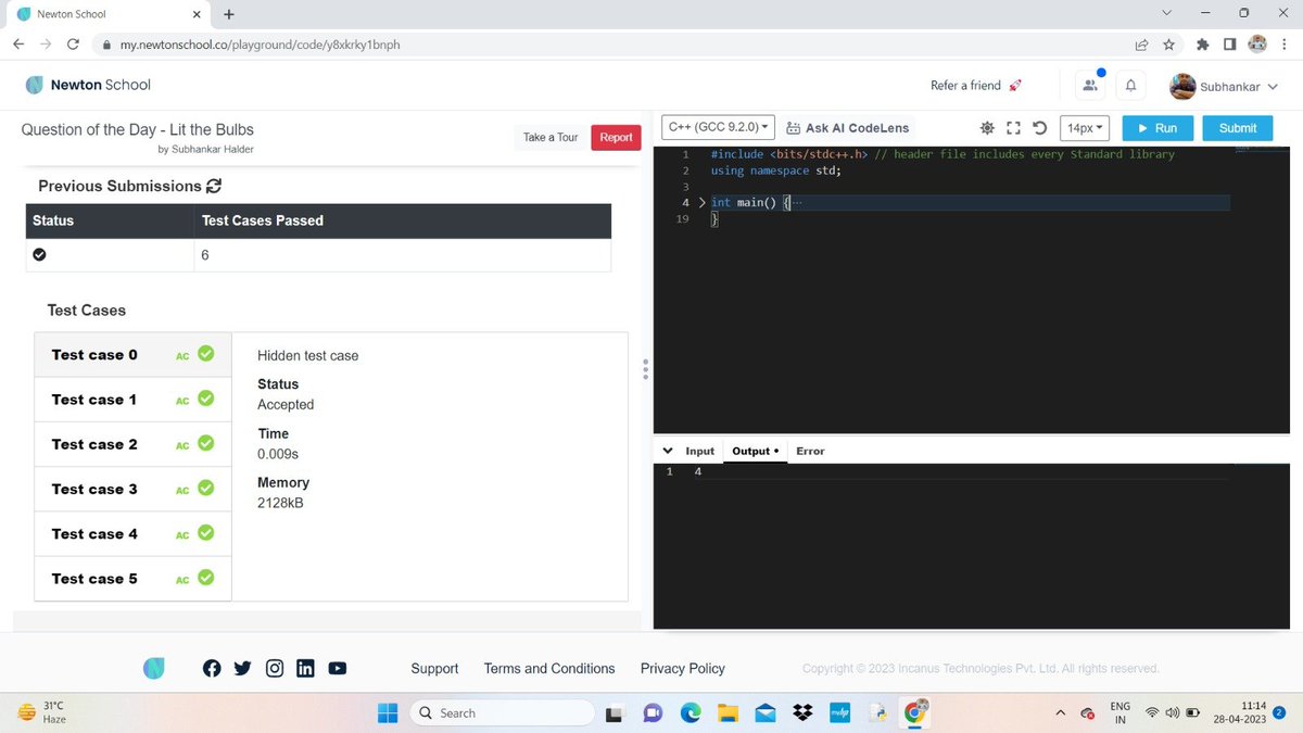 Subhankar938's tweet image. #day_14_of_101_days_of_code
Problem Name - Lit the bulbs
#nsdiscord #codewithns #101daysofcodens
Language-C++
referral link:- my.newtonschool.co/register/certi…