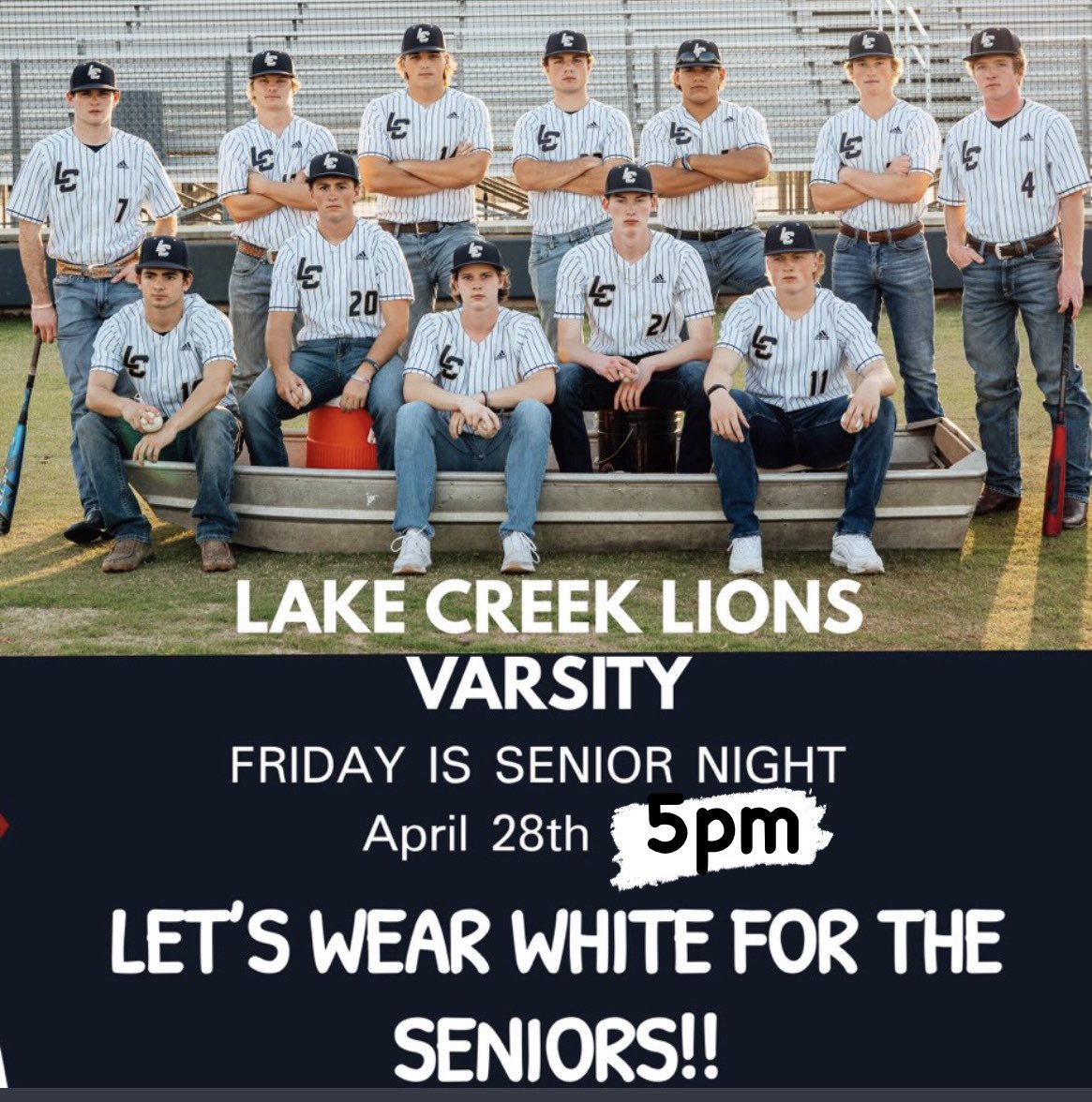 LakeCreekBall's tweet photo. Final regular season game of the year!

🆚 Brenham 
⏰ 5:00 PM
🏟️ Lake Creek HS

Wear WHITE for SENIOR night! #compete 
@lakecreekbaseb1 @LakeCreekHS https://t.co/vWTygs4HO5