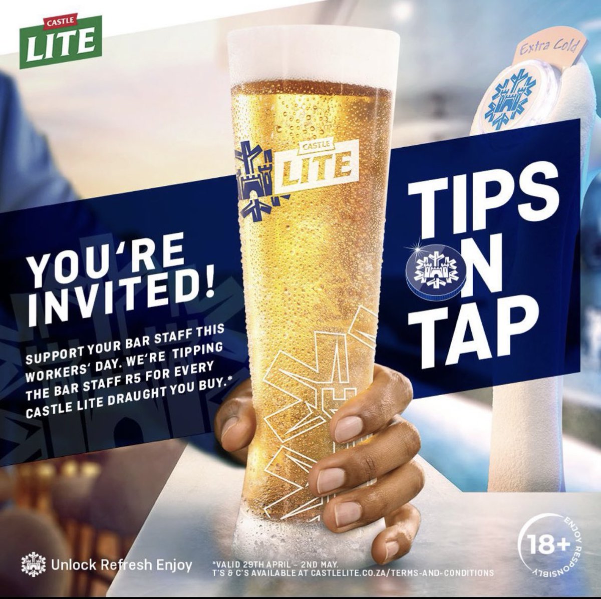 #CastleLite
#TipsOnTap 

This one is for the workers!

Here is a challenge until workers day.Let us give Bartenders the same joy they give us when they fill up our cups.

Simply by buying a 500ml of castle lite they get a R5 tip!