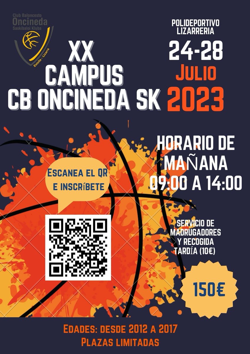 Para los más txikis (nacidos entre 2012 y 2017) tenemos un Campus muy especial: servicio de entrega temprana y recogida tardía, piscina, aventura y por supuesto basket por un tubo!!
Entra en cboncinedask.wordpress.com y descarga toda la info o escanea el QR y accede al formulario!