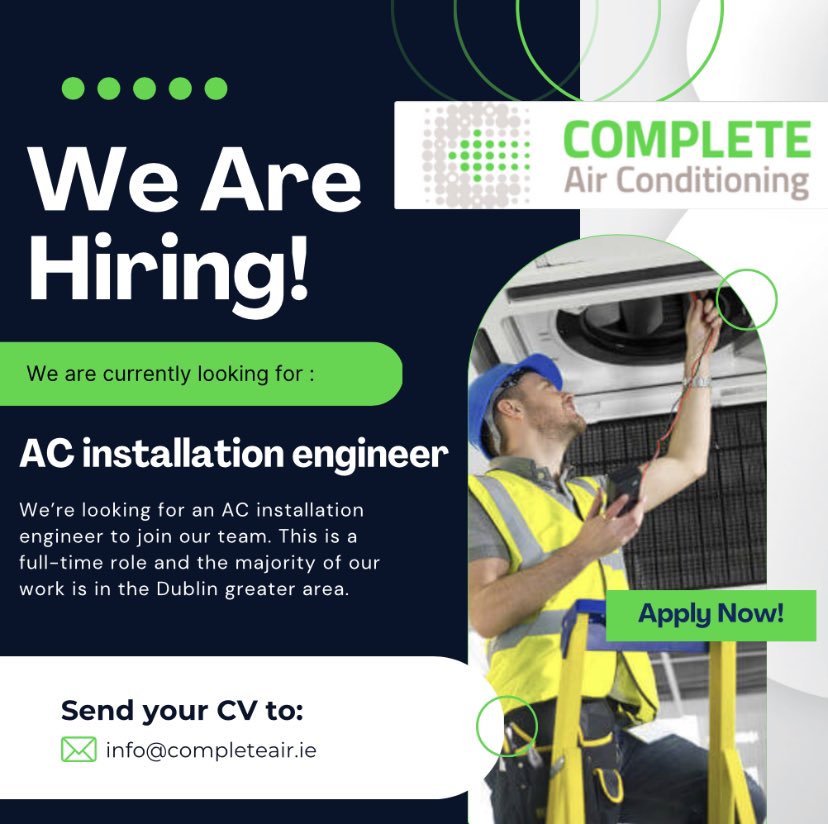 CompleteAir's tweet image. We are actively hiring installation and service engineers. Please get in touch if you are interested in joining our great team!
.
.
.
#hiringnow #dublinjobs #installationjobs