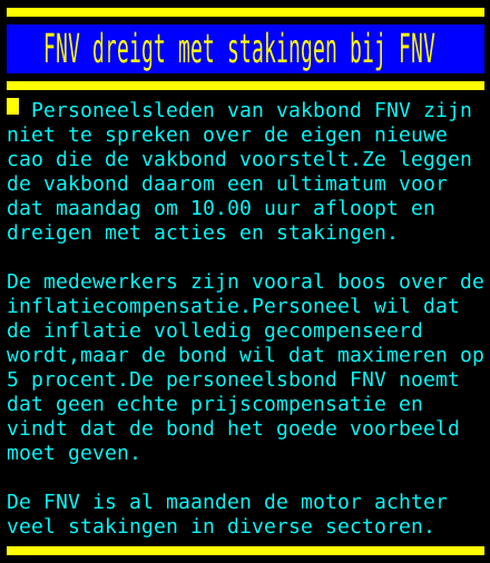 Teletekst's tweet image. FNV dreigt met stakingen bij FNV