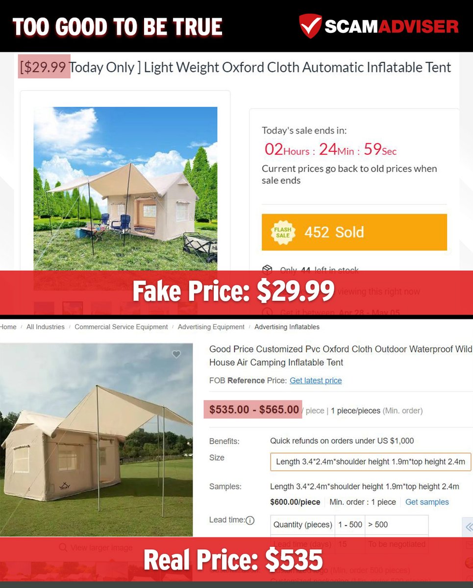 scamadviser's tweet photo. ** TOO GOOD TO BE TRUE **
This ‘Automatic inflatable tent’ listed for $29.99 is quite obviously a scam as the product costs no less than $535 even when bought wholesale.
#TooGoodToBeTrue #EcommerceScam #Scam #OnlineScam #ScamAlert #InflatableTent https://t.co/DmyzoHBxAH