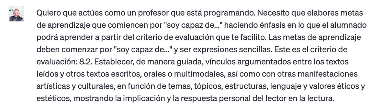 ¿Qué ocurre si le pido al #chatGPT que extraiga de un criterio de evaluación una serie de metas de aprendizaje que puedan ayudarme a concretarlo? Los resultados en las fotos. #LOMLOE #situacionesdeaprendizaje #metasdeaprendizaje