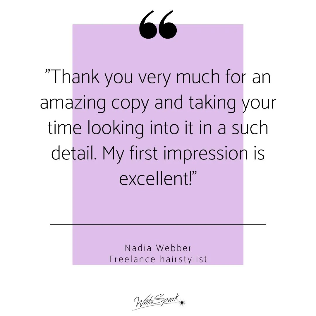 write_spark's tweet image. Thank you to Cambridge hairstylist, Nadia Webber for writing this review of my website copywriting service.
If you are an independent stylist who needs SEO-optimized content for your website, please contact hello@writespark.co.uk
#Hairdressers #Hairdressing #Hairsalon
