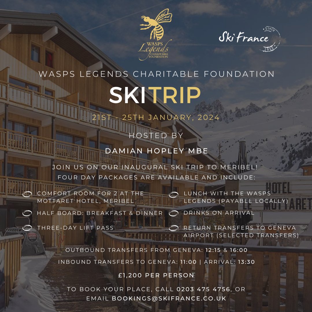WaspsLegends's tweet photo. Are you thinking of joining us for the unmissable Wasps Legends Ski Trip to Meribel?

Includes:  

Comfort Room for 2 @ Mottaret Hotel
Half Board (Breakfast &amp; Dinner) 
3 Day Lift Pass  
Return Transfers to Geneva Airport 
Lunch w/ Wasps Legends 
Arrival Drinks    

£1,200 pp

1/2 https://t.co/lN8yBgboyJ