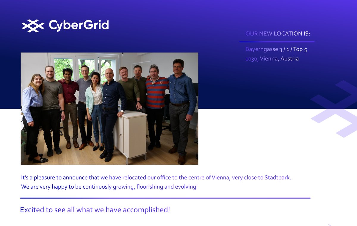CyberGrid_GmbH's tweet image. 🎉NEW OFFICE!

🙌The CyberGrid team is ready to continue thriving!

👉Now, from our new location at the centre of Vienna.

#CyberGrid #CyberNoc #flexibility #virtualpowerplant #energytransition #renewableenergy #balancingservices
