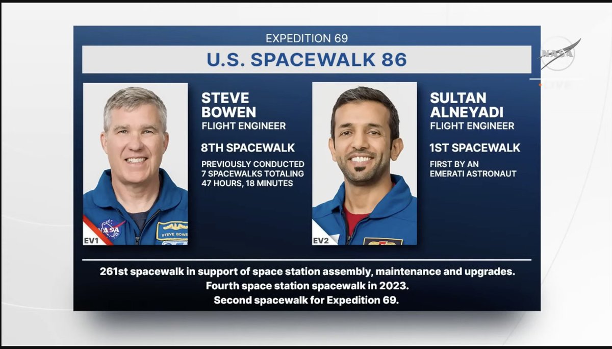 genejm29's tweet photo. #NASA #EVA69 The two Astronauts for today will be Steve Bowen (EV-1 Red Stripe) and first time space walker Sultan Alneyadi; NASA Astronaut Anne McClain will be the Ground IV Officer. The second placard has the list of objectives for today. https://t.co/n4WB7zs9m9