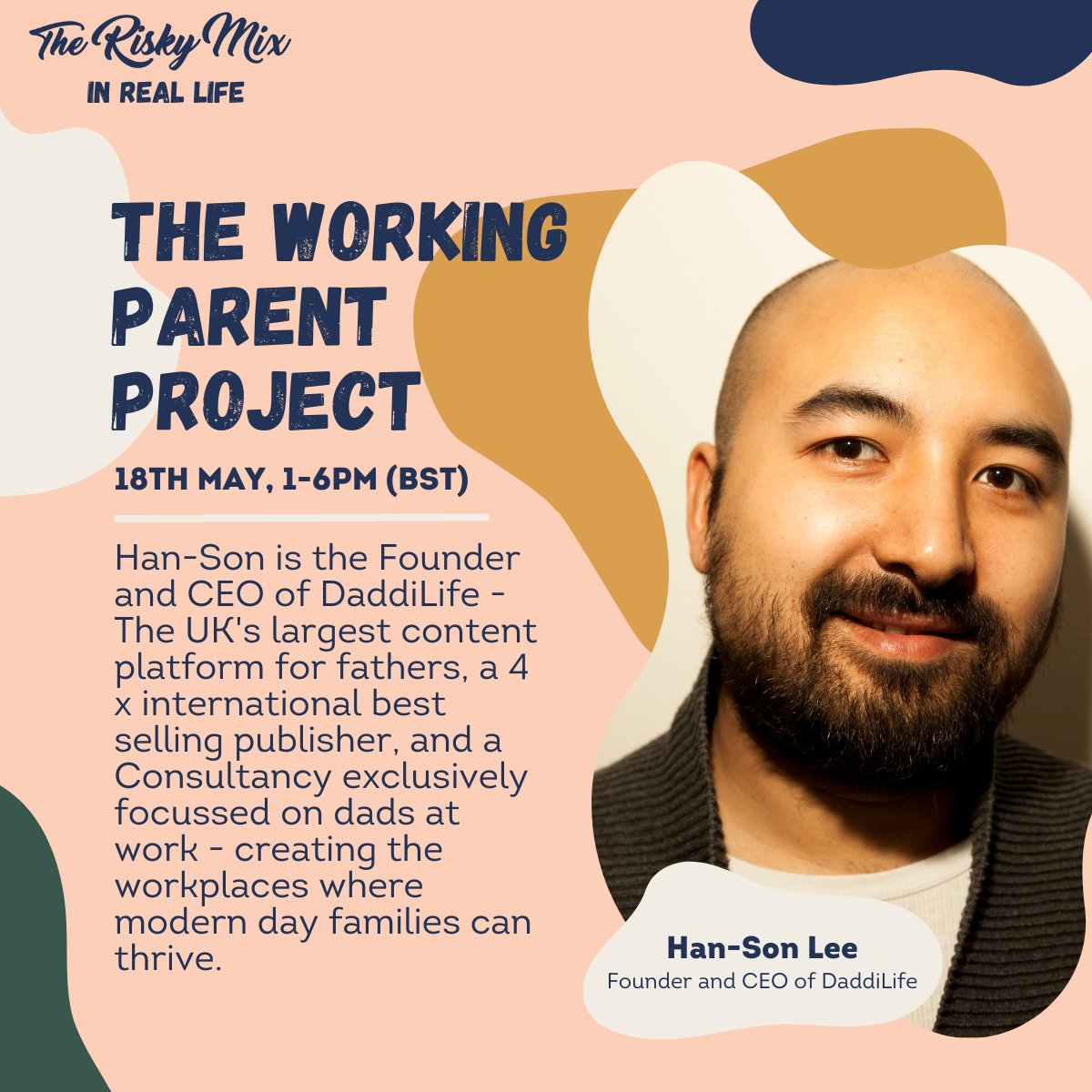 Guest speaker #1 is… Han-Son Lee. 🙌  

Han-Son is the Founder and CEO of <a href="/LifeDaddi/">Daddi Life</a> -  The UK's largest content platform for fathers, a 4 x international best selling publisher, and a Consultancy exclusively focussed on dads at work. #insurance #event #workingparents