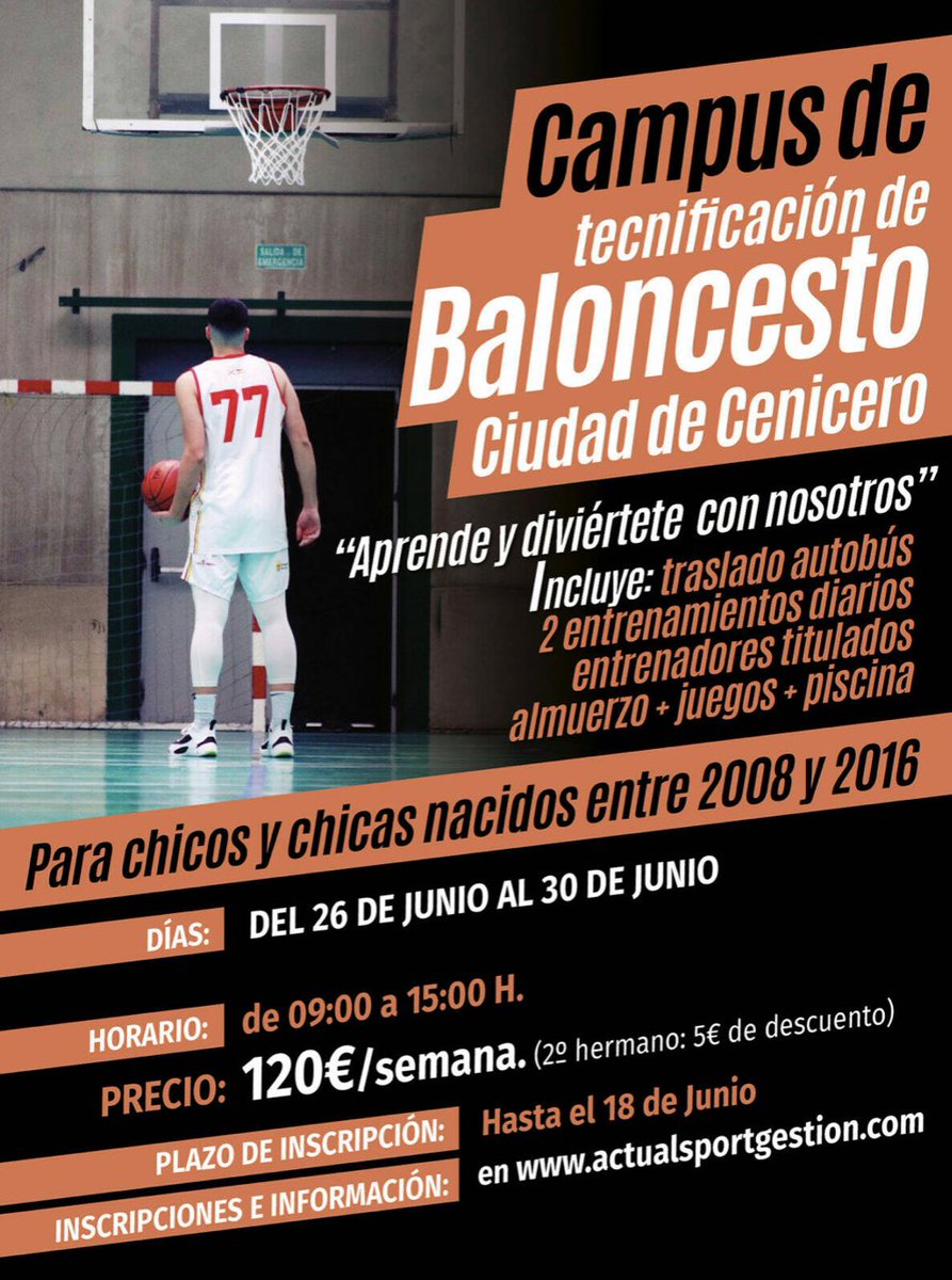 🏕️ 🏀| CAMPUS DE TECNIFICACIÓN DE BALONCESTO | INSCRIPCIONES ABIERTAS |

🖋️ Inscripciones abiertas, hasta el 18 de junio.
ℹ️ Puedes inscribirte y pedir información a través de actualsportgestion.com

🗓️ Días : del 26 al 30 de junio.

🎉 ¡Anímate!

🤝 Organiza: <a href="/Actual_Sport/">Actual Sport Gestión</a>