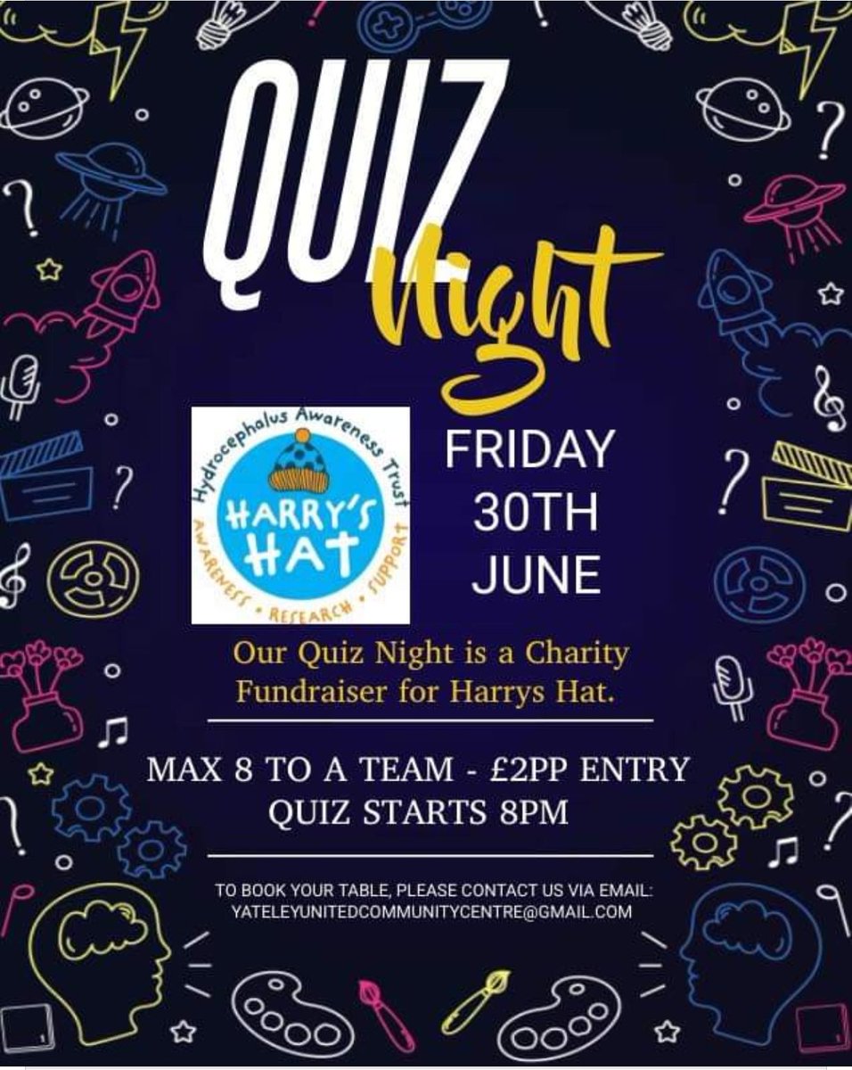 HarrysHAT5's tweet photo. Clever (ish) quizzers wanted. Join us at Yateley United Community Centre and Sports Bar for a night of ever so slightly competitive quizzing! 

Email ✉️✉️ yateleyunitedcommunitycentre@gmail.com to book your tickets!💙🧡 https://t.co/2xUDOrnoS7
