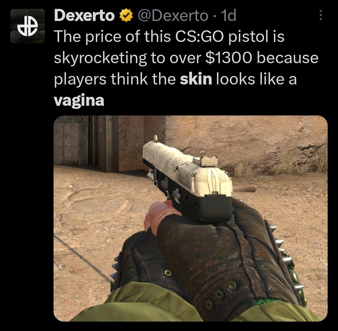 BaityBait's tweet photo. Esta skin de CS:GO ha estado subiendo de precio hasta los 1300$ porque la gente dice que la skin parece una vagina

Sigue la búsqueda incansable por encontrar el clitoris https://t.co/b0mWD8Ew5e