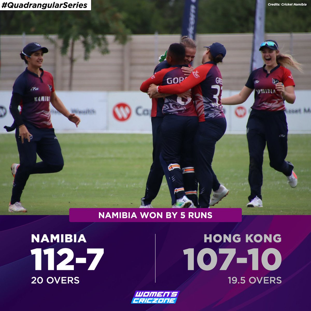 WomensCricZone's tweet photo. .@CricketNamibia1 continue their unbeaten run as they beat Hong Kong in a thriller. Sune Wittmann won the #POTM for her all-round performance (53 & 3/29).
#QuadrangularSeries https://t.co/EPcDIaFpvl